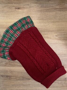 Red Cable Knit Sweater with Green Plaid Ruffle